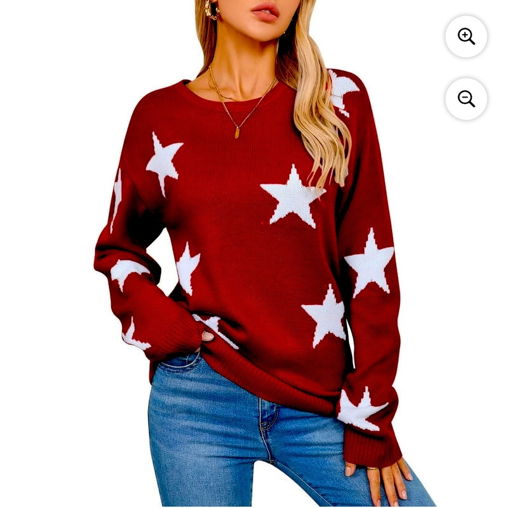 XL Shermie Red Sweater with White Stars- Cozy, Warm, and Stylish!
